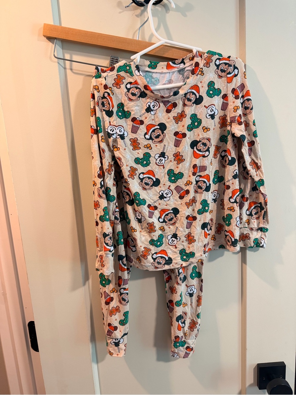 Kids Beige Mickey Mouse Holiday Pajama Set - Long Sleeve Top & Pants